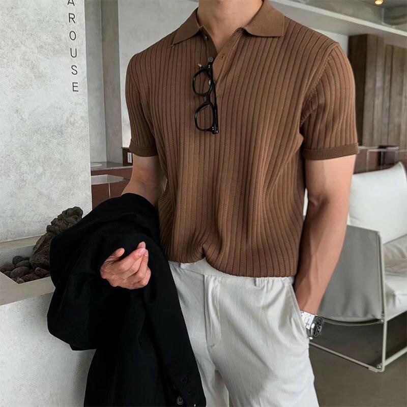 Knitted Lapel Polo Short-sleeved T-shirt Men's American Style Retro Men's